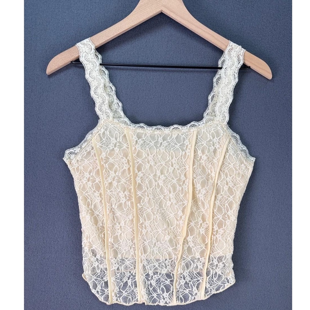 Romantic Lace Tank‎ Top Cream Nude Lined Cami Blouse Feminine Chic Size Med - Picture 9 of 12